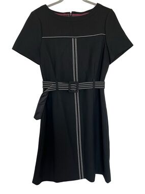 Boden Black Little Dress Knee Length Belted White Stitch Detail Women Size 8